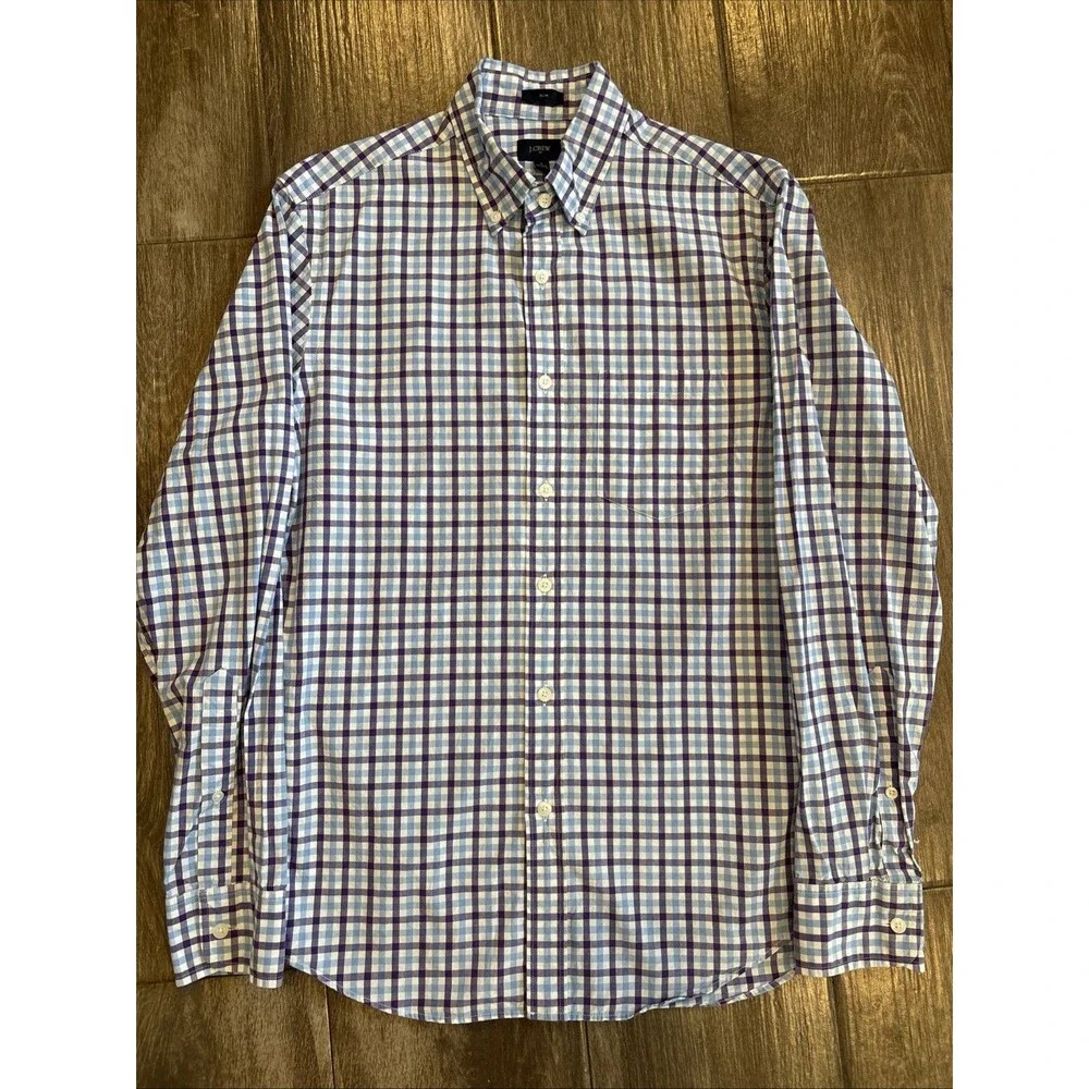 J.CREW Men's Purple & Blue Check Cotton Button Down Dress Shirt Size‎ S Slim Fit